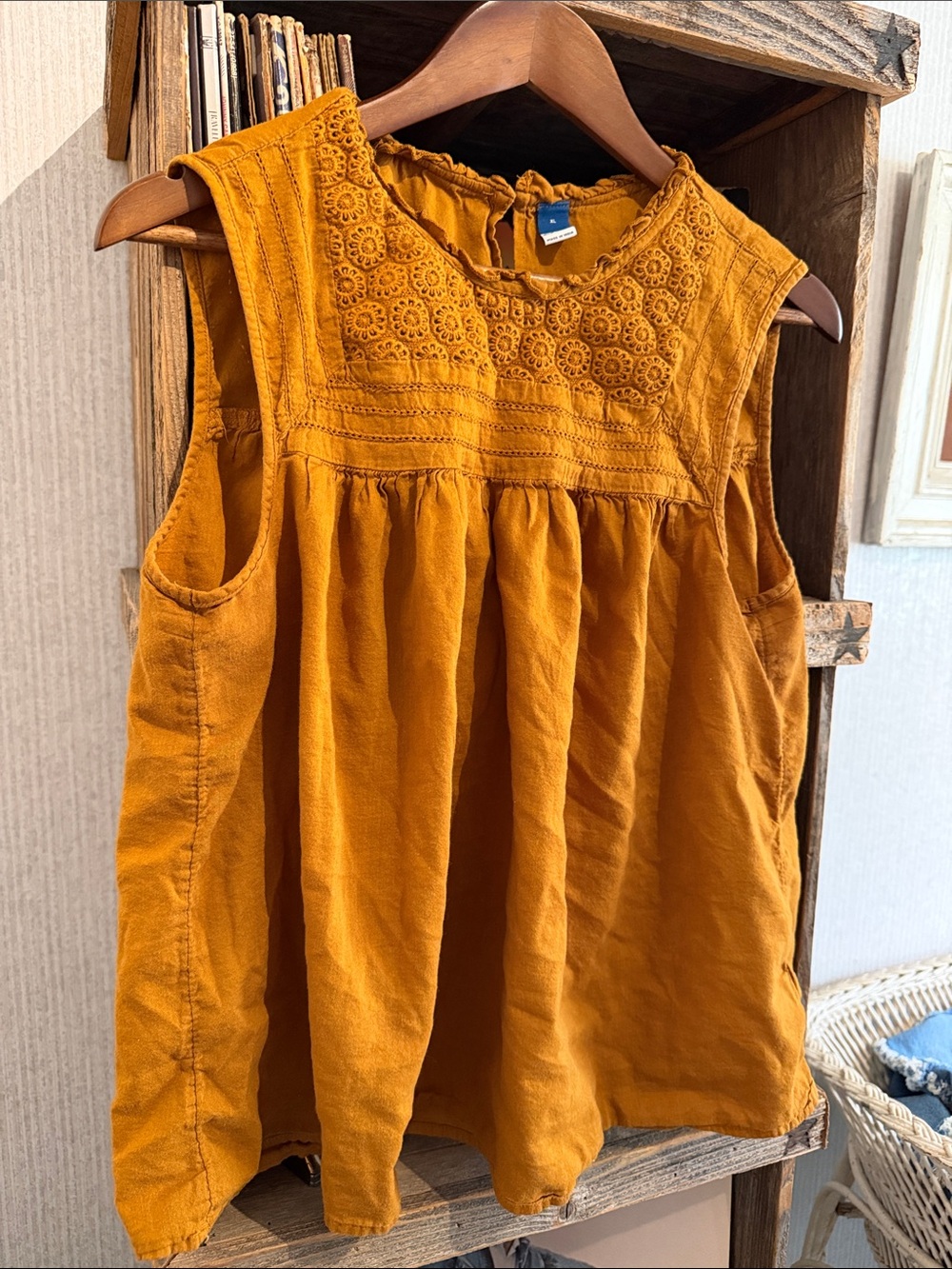 Old Navy Mustard Yellow Embroidered Cotton Tank Top
